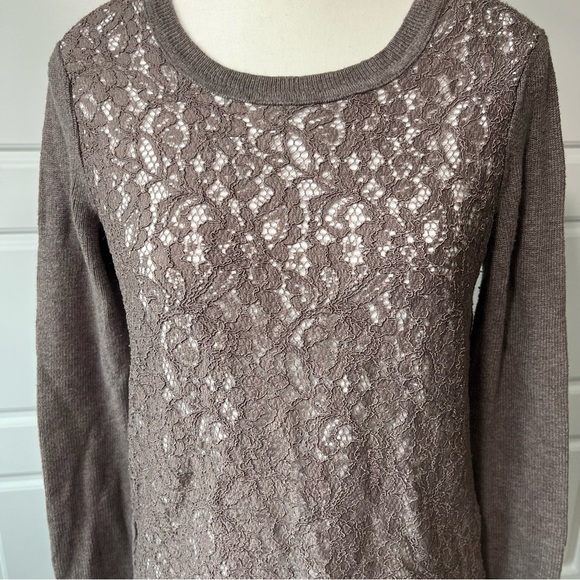 Lace Accent Top Long Sleeve Layered Look Brown Sweater - Picture 2 of 6
